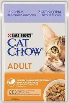 Консервований корм Purina Cat Chow ADULT Ніжні шматочки з ягням та зеленою квасолею в желе для котів 85 г (8445290476524)