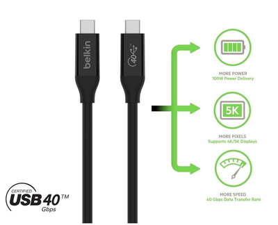 Кабель заряджання/синхронізації Belkin USB-C > USB-C, 0.8м, 100Вт, Thunderbolt 3, 40Гбс, чорний (INZ001BT0.8MBK)