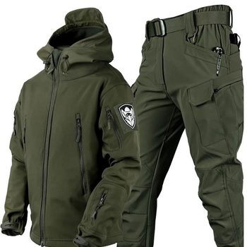 Костюм мужской на флисе Куртка + Брюки олива / Демисезонный Комплект Softshell размер 3XL