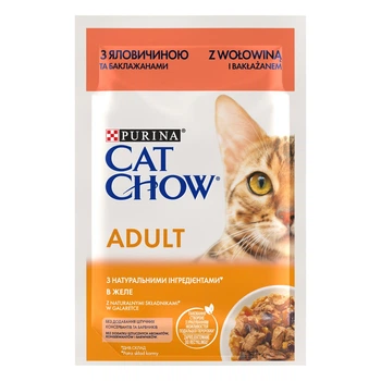 Консервований корм Purina Cat Chow ADULT Ніжні шматочки з яловичиною та баклажанами в желе для котів 85 г (7613036595025)