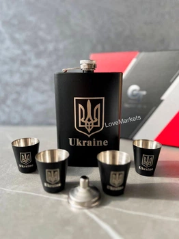Подарочный набор с гербом Украины фляга 270 мл + лейка + 4 стопки в черном цвете
