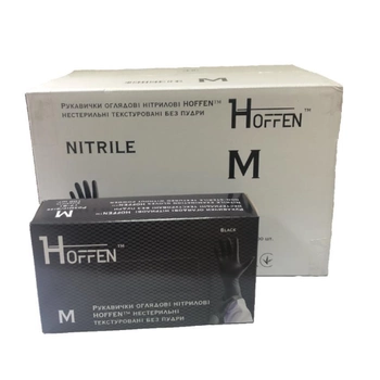 Рукавички оглядові нітрилові HOFFEN black нестерильні текстуровані без пудри розмір M (ящик 10 пачок)
