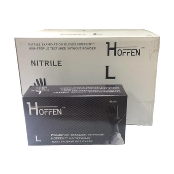 Рукавички оглядові нітрилові HOFFEN black нестерильні текстуровані без пудри розмір L (ящик 10 пачок)