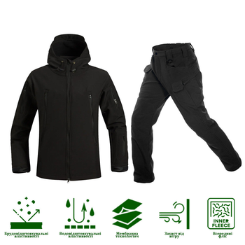 Чоловічий утеплений Костюм Куртка + Штани на флісі / Демісезонний Комплект Softshell чорний розмір XL