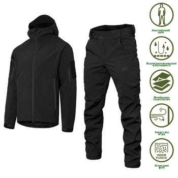 Мужской костюм Удлиненная Куртка + Брюки на флисе / Демисезонный Комплект SoftShell 2.0 черный размер 3XL