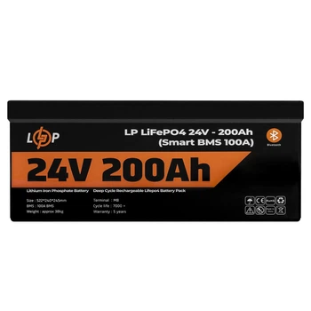 Литий-железо-фосфатный (литий-ферумный) аккумулятор LogicPower LP LiFePO4, Smart BMS 100A, 24 В 200 Ач для ИБП