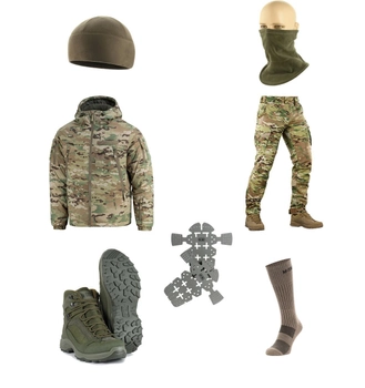 M-tac комплект куртка, штани з тактичними наколінниками, черевики, шапка, бафф Мультикам 2XL
