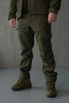 Брюки мужские SoftShell для НГУ оливковый цвет на флисе с высокой посадкой / Ветро и водозащитные штаны M