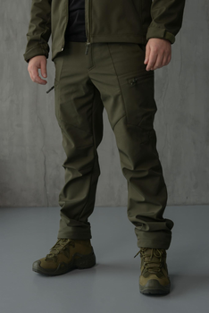 Брюки мужские SoftShell для НГУ оливковый цвет на флисе с высокой посадкой / Ветро и водозащитные штаны L