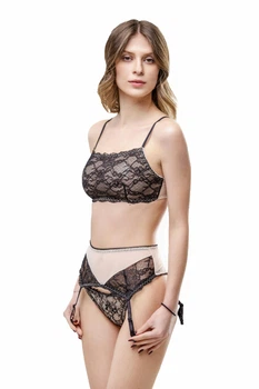 Комплект женский кружевной топ, стринги и пояс для чулок Felisiya Lingerie Черный с бежевым 2002+204+305-1294с170 S