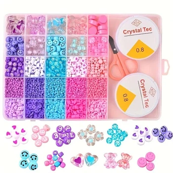 Детский DIY набор для творчества и рукоделия Urbankit Beads Set 1000+ Бусины, бисер, мишки, сердечки, кристаллы з двумя катушками и ножницами для изготовления браслетов, украшений (MUSH1V)
