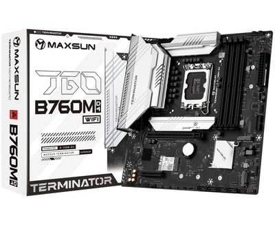 Мат.плата LGA1700, Maxsun Terminator B760M D4 WIFI, B760, 4xDDR4, Int.Video(CPU), 4xSATA3, 1xPCI-E 16x 5.0, 1xPCI-E 4x 3.0, 3xM.2 4.0, WiFi 6+BT5.2, RTL8125B, 2xUSB3.2/6xUSB2.0, DP/HDMI, ARGB, MicroATX (MS-Terminator B760M D4 WIFI)