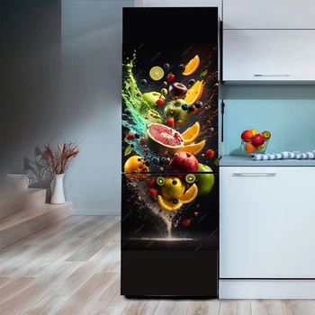 Самоклеящаяся виниловая наклейка на холодильник Decor-oboi Фрукты на черном фоне 65*185 см