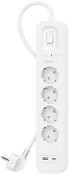 Сетевой фильтр Belkin 4хSchuko, USB-A/USB-C 18Вт, 16А c защитой от перенапряжения, 2м (SRB001VF2M)