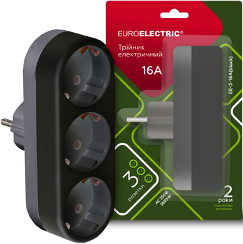 Сетевой тройник с заземлением Euroelectric X3 16А Черный (EE-3-16A(black))