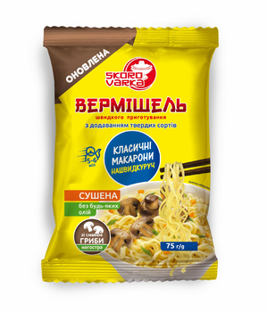 Упаковка вермішелі швидкого приготування Skorovarka з додаванням твердих сортів зі смаком грибів не гостра 75гх48шт