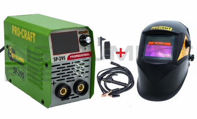 Инверторный сварочный аппарат ProCraft SP-295 NEW (дисплей, кабеля, маска-щиток) + Сварочная маска-хамелеон ProCraft SHP90-30 (регулировка затемнения, 2 источника питания)