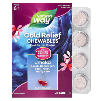 Средство от простуды Nature's Way "Umcka ColdCare Cherry" на основе пеларгонии с вишневым вкусом (20 жевательных таблеток)