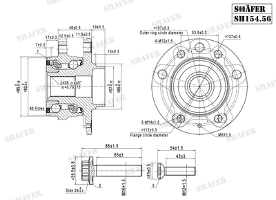 Ступица передняя VW, Golf V-VI, 04-, (4 болта), ABS+, монт. ккт.+ SH154.56K Shafer