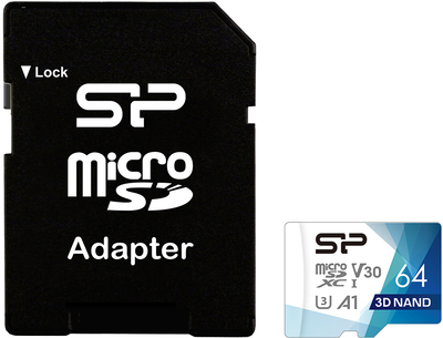 Карта памяти Silicon Power microSDXC 64GB U3 A1 V30 + adapter (SP064GBSTXDU3V20AB)