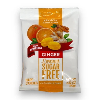 Льодяники без цукру SUGAR FREE апельсин, імбирь, куркума arancia, zenzero e curcuma senza zuchero 80г