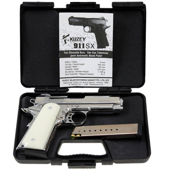 Стартовий пістолет Colt 1911, KUZEY 911-SX#3 Shiny Chrome Plating/White Grips, Сигнальний пістолет під холостий патрон 9мм, Шумовий