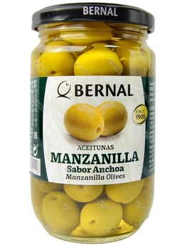 Оливки зеленые испанские Мансанилья Bernal с косточкой со вкусом анчоусов Aceitunas Manzanilla sabor anchoa 300 г