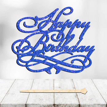 Блискучий Топпер "Happy Birthday (13)" Напис 12х8cм для Торта у Букет Квіти Фігурка МДФ з Одностороннім глітером (синій)