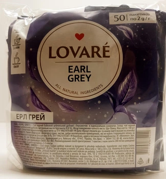 Чай черный цейлонский байховый с бергамотом Lovare Earl Grey 50 пакетиков по 2гр