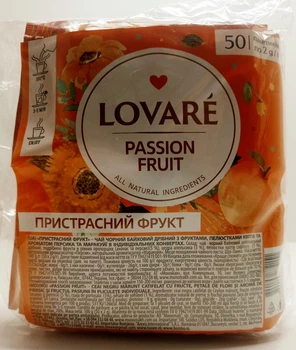 Черный цейлонский чай Lovare Passion Fruit с кусочками фруктов 50 пакетиков по 2г