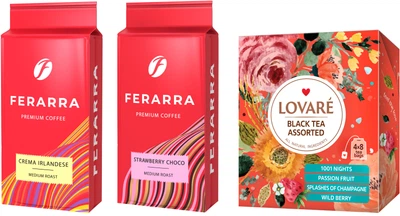 Набір кави Ferarra Crema Irlandese 250 г + Strawberry Choco 250 г + чай Lovare Black Eea Assorted 32 пакетики (2000989193586)