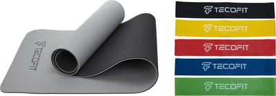 Набор Коврик TECOFIT TPE для йоги и фитнеса 183x61x0.6 см Black-Grey + Набор эспандеров TECOFIT LATEX резинки для фитнеса в виде круга 5 шт