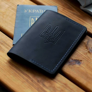 Синяя обложка на паспорт с гербом для документов KONSUL из натуральной телячьей кожи