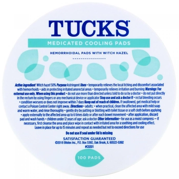 пропитанные медикаментами охлаждающие подушечки, Tucks, 100 подушечек