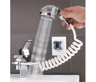 Душевая система с насадкой на кран в умывальник с турмалином Modified Faucet With External Shower (серебристая, белый шланг)