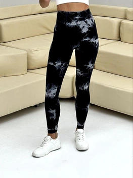Спортивные женские леггинсы Marble Tie-Dye с эффектом Push Up для фитнеса и йоги Бесшовные Мраморные XS-S Черные с белым (4792S)
