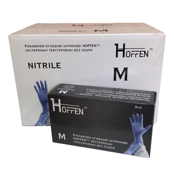 Рукавички нітрилові сині HOFFEN нестерильні текстуровані без пудри розмір M (ящик 10 пачок)