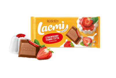 Упаковка шоколада Lacmi молочный с начинкой с вкусом клубничной панакоты 90 г х 22 шт