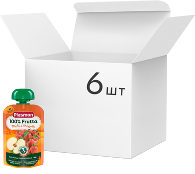 Упаковка пюре Plasmon из яблок, клубники с витамином С 100 г х 6 шт (8001040415108)