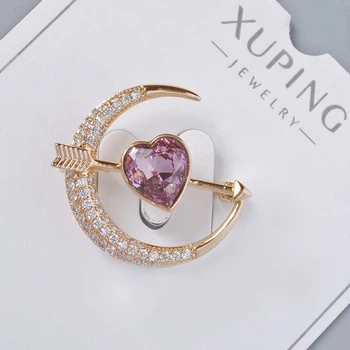 Брошь Xuping «Сердце» фиолетовый кристалл и белые стразы 24×27 мм, золотистый металл, позолота, ida64073