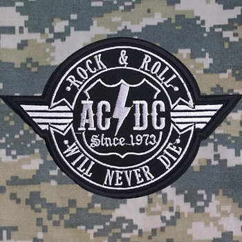 Вышитый шеврон с рок-группой AC/DC "Rock & Roll Will Never Die" на липучке Черно-серый (N0519M)