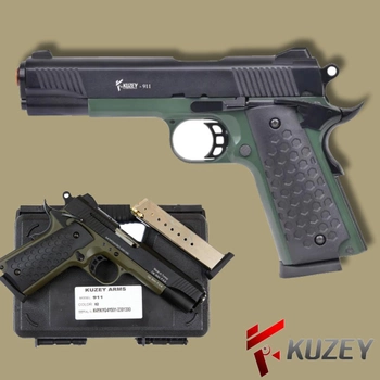 Стартовый пистолет Colt 1911, KUZEY 911#2 Black/Green Grips, Сигнальный пистолет под холостой патрон 9мм, Шумовой