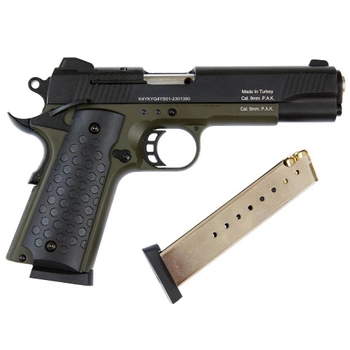 Стартовий пістолет Colt 1911, KUZEY 911#2 Black/Green Grips, Сигнальний пістолет під холостий патрон 9мм, Шумовий