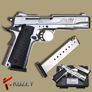 Стартовий пістолет Colt 1911, KUZEY 911#6 Matte Chrome Plating, Engraved/Black Grips, Сигнальний пістолет під холостий патрон 9мм, Шумовий