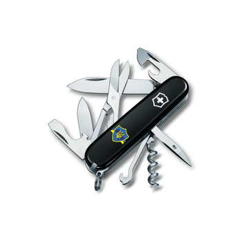 Складаний швейцарський ніж Victorinox Vx13703.3_T1070u Climber Ukraine Тризуб на щиті з стрічкою синьо-жовтий 14 функцій 91 мм чорний