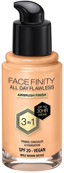 Тональна основа Max Factor Facefinity All Day Flawless 3 in 1 Foundation SPF 20 W62 Warm Beige 30 мл (3616303999506)
