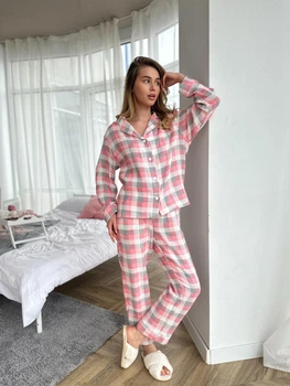 Женская Муслиновая пижама клетка COSY брюки+рубашка S розово-серая M250P