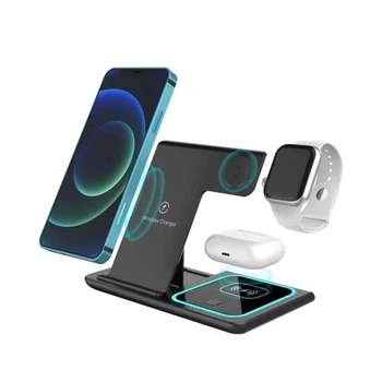 Беспроводная зарядная док-станция PD-W5 3 в 1 для смартфонов / наушников / Apple Watch c подсветкой, черная (75406579)