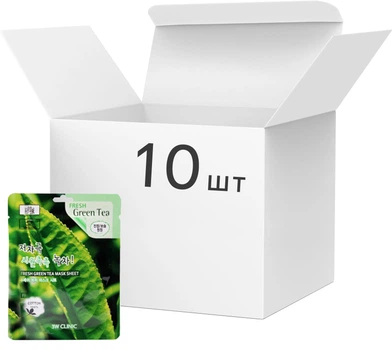 Упаковка тканевых масок для лица 3W Clinic Fresh green Tea Mask Sheet с экстрактом зеленого чая 23 мл х 10 шт (8809689370014)