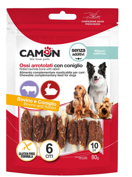Pałeczki dla psów Camon Roladki z wołowej skóry z królikiem 6 cm 80 g (8019808223704)